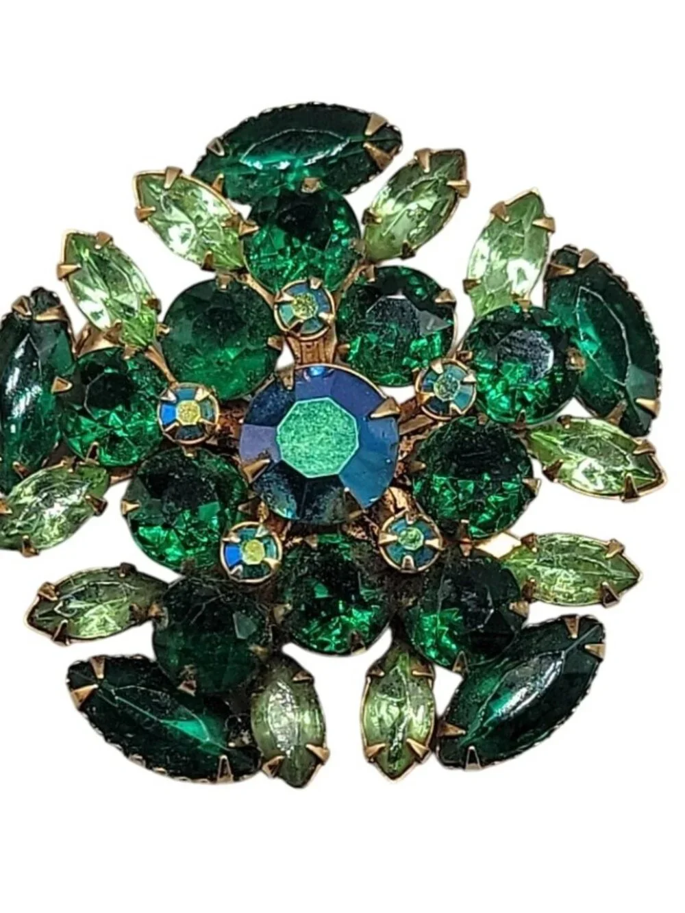 Juliana D&E Green Starburst Brooch Emerald & Peridot Navette Rhinestones Vintage